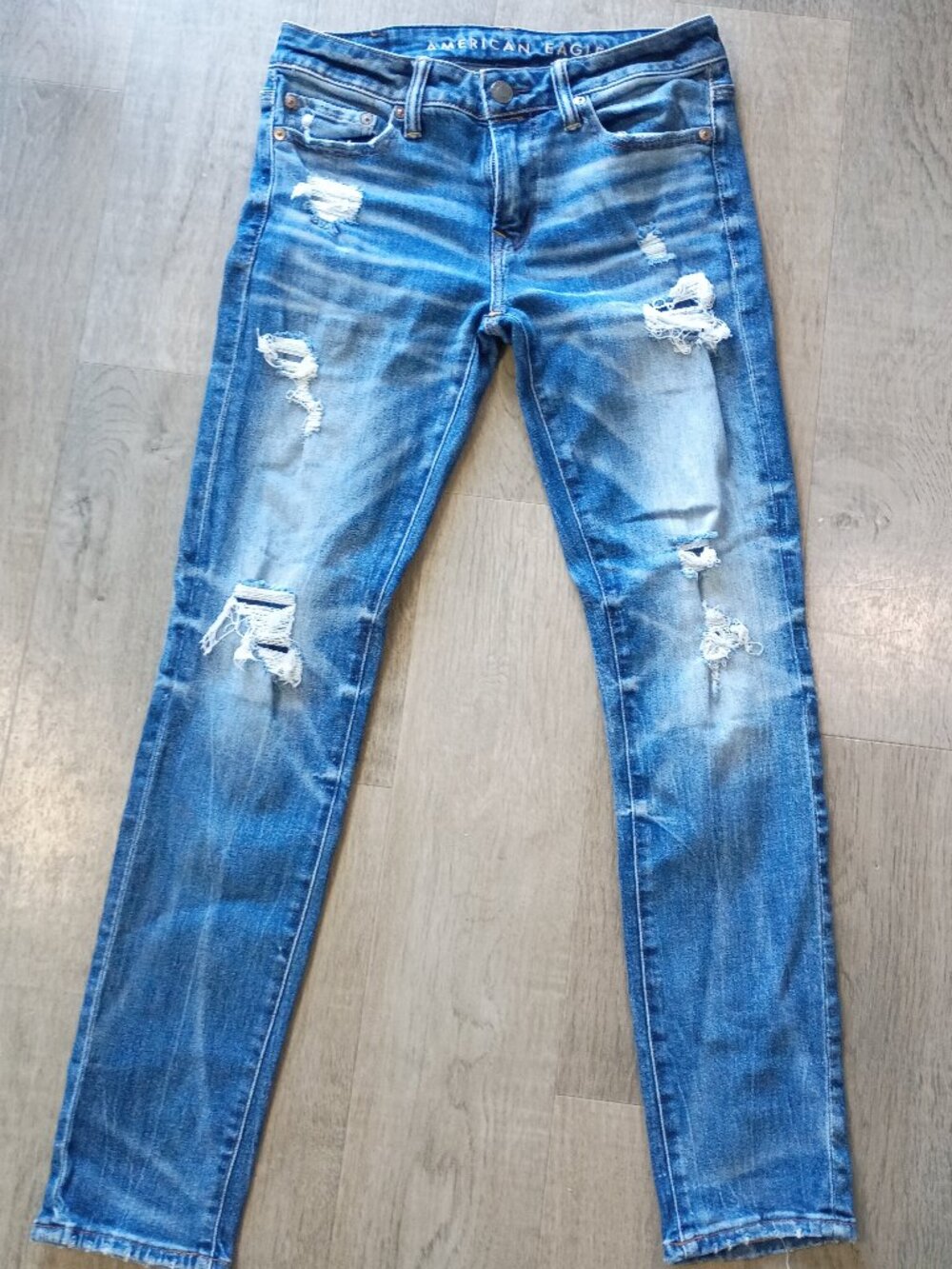 American Eagle AirFlex+ Medium Wash Destroyed Ripped Slim Jeans